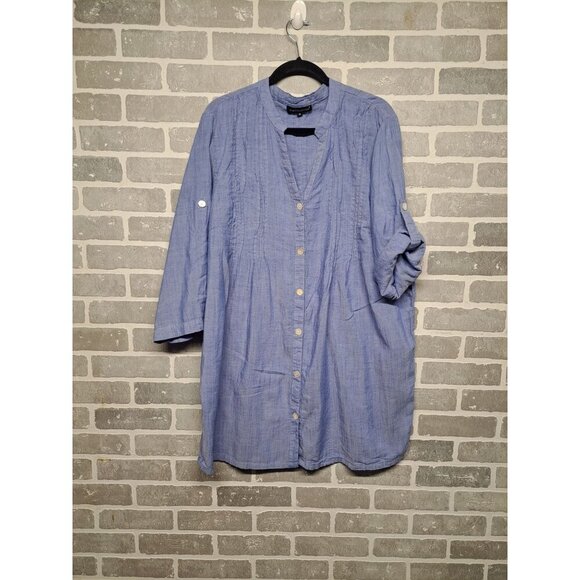 Club Z Collection Womens Blue Pleated‎ Wide Roll Tab Sleeve Button Tunic Size 1X - Picture 1 of 14